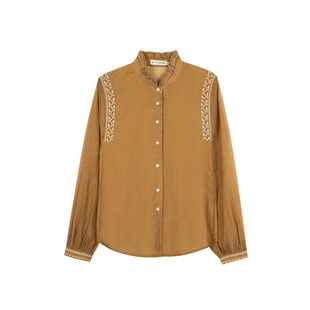 一城画一新款休闲花边立领衬衫刺绣短款长袖衬衣米黄驼色