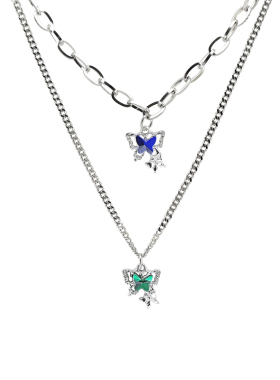 蓝绿蝴蝶双层叠加钛钢锁骨链