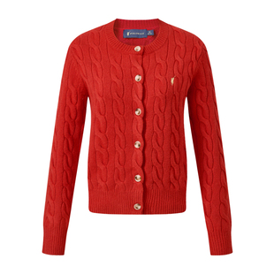 POLOWALK女士毛衣新年红色羊毛针织开衫女秋冬款100%绵羊毛上衣女