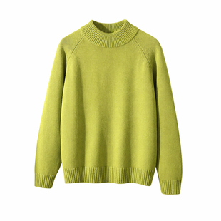 100%纯棉绿色毛衣女半高领宽松针织衫秋冬加厚打底衫单穿百搭上衣