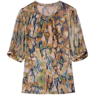 中老年妈妈重磅真丝衬衫女短袖