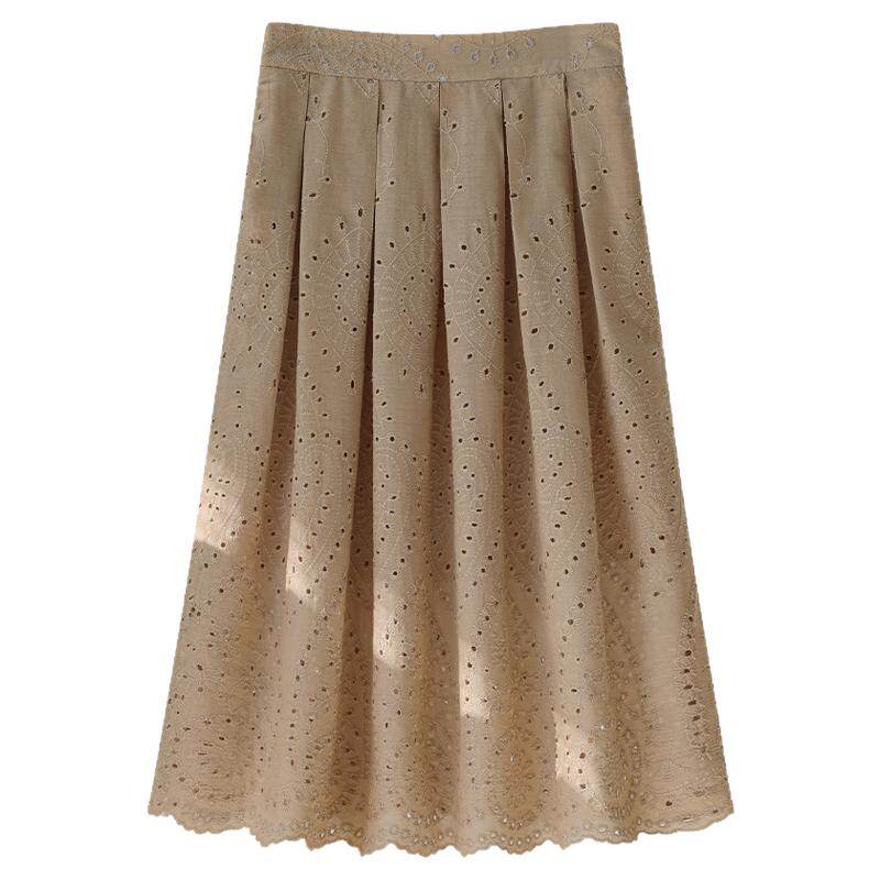 夏季纯棉镂空钩花气质百褶半身裙