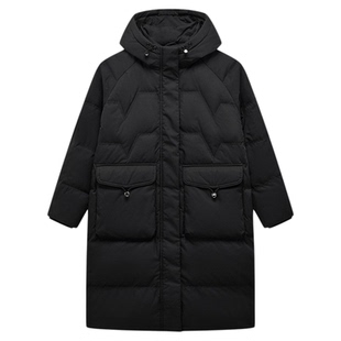 特步羽绒服连帽中长款高端女款黑色冬装宽松加厚冬季保暖鸭绒外套