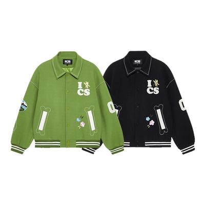 ics丨iconslab美式棒球服情侣秋冬钩针刺绣彩色花朵飞机翻领外套