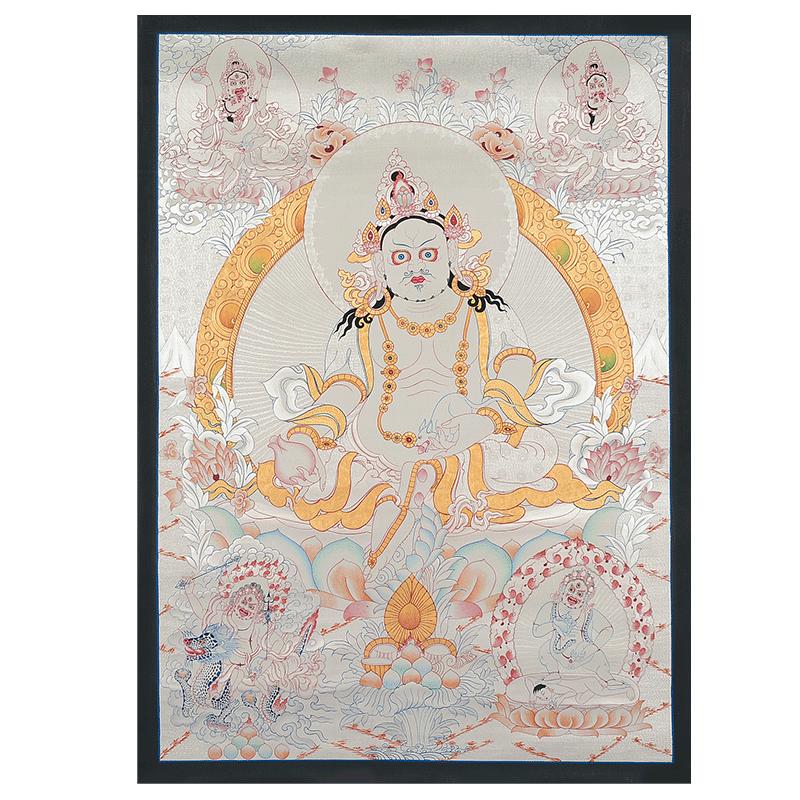 藏村手绘黄财神银卡唐卡挂画