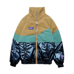LNBR熊电潮牌秋冬拼色立领亮面拼接厚棉服oversize个性潮流大码