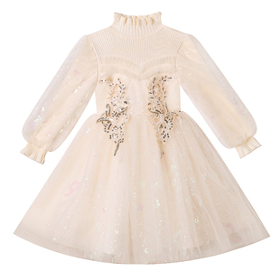 秋冬裙子小女孩亮片蓬蓬纱裙儿童加绒长袖连衣裙女童毛衣公主裙装