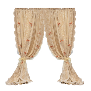 法式遮光窗帘卧室多巴胺公主风蕾丝双层一体免打孔田园风窗帘门帘