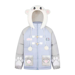 SREK卡通连帽棉服女宽松可爱甜美小猫刺绣百搭棉袄外套