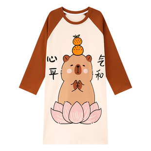 长袖睡裙女款纯棉睡衣春秋季2026新款卡皮巴拉中长款连衣裙家居服