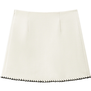 乐町小香风白色短裙女冬季新款撞色编织A版半身裙新年氛围感半裙