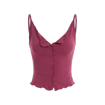 PynkiSwear 纯色V领木耳边吊带背心女修身弹力针织上衣基础打底