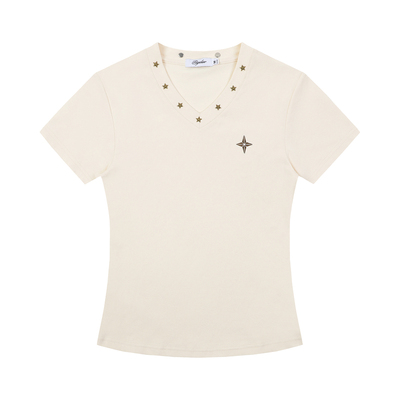 夏季韩系V领铆钉修身短袖T恤女