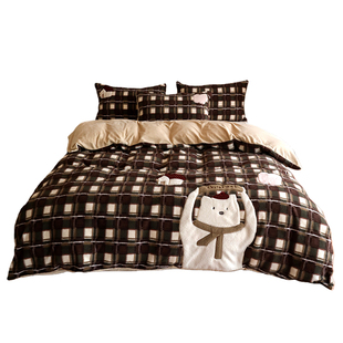 花时间生活冬季圣诞礼物牛奶绒毛巾绣加厚蓄热格子四件套床上用品