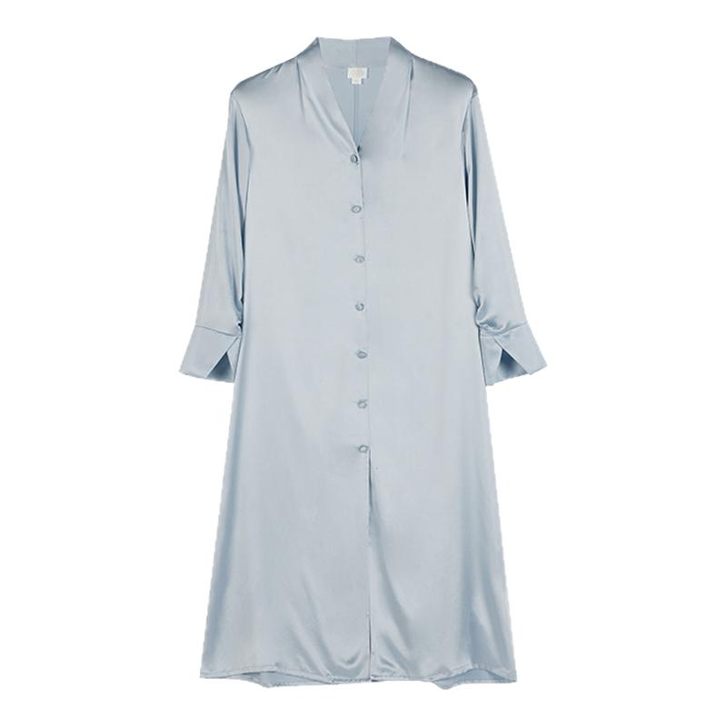 丝侬真丝连衣裙女睡裙睡袍长袖V领丝绸家居服纯色春夏两穿可外穿