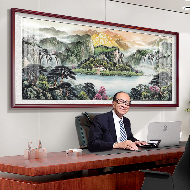 八方来财山水风景画横款聚宝盆国画办公室挂画客厅装饰字画背景墙