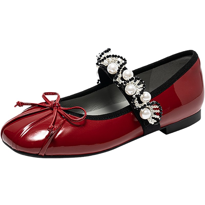 MIO米奥玛丽珍2026春季新款褶皱圆头珍珠绊带浅口单鞋低跟女鞋