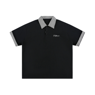 Dream made 假两件格子衬衫领短袖T恤男款夏季美式polo衫情侣上衣