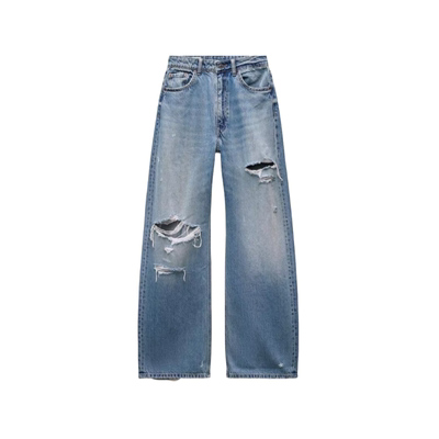 百搭休闲水洗中腰直筒破洞牛仔裤