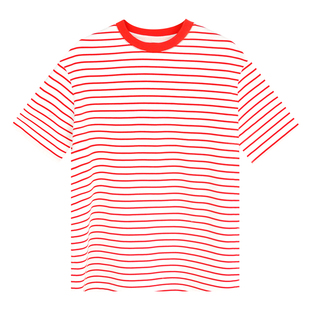 因由 显白红色条纹T恤女撞色时髦造型感显瘦半袖叠穿百搭正肩短袖