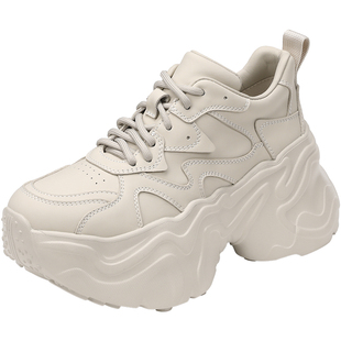 Hongkee/红科老爹鞋女款2025新款春款牛皮系带休闲厚底鞋HC55X107