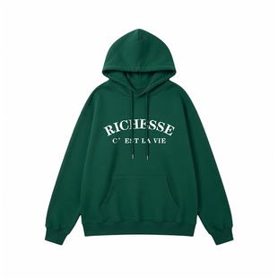 Joeyoo春季新款慵懒风墨绿色字母抽绳连帽卫衣女超火减龄宽松外套