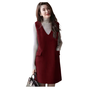 秋冬新款口袋无袖羊毛呢连衣裙通勤气质保暖马甲裙宽松大码背心裙