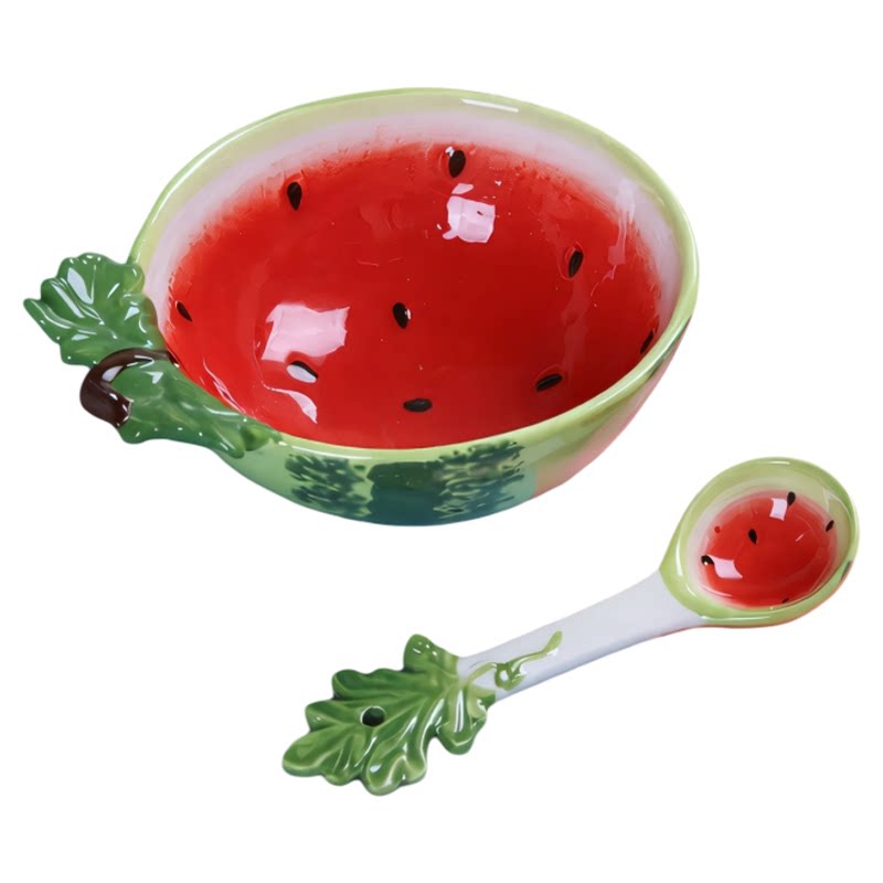 可爱西瓜造型陶瓷碗带勺套装甜品
