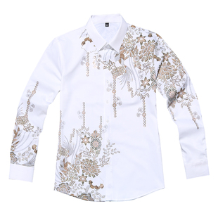 欧美潮牌春秋款衬衣水墨镶钻印花商务休闲防皱免烫修身长袖衬衫男