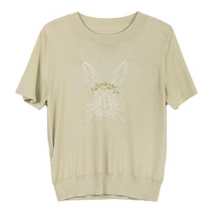 诗梦女装清新绿色短袖针织衫夏季新款圆领套头宾尼兔钉珠T恤简约