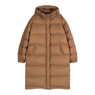 林乔芝2024年冬季新款棕色长款羽绒服女连帽鹅绒羽绒服