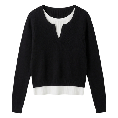 黑色假两件修身显瘦针织打底衫