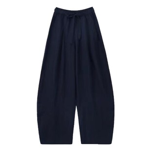 藏青色天丝亚麻弯刀裤子女春新款大码胖mm宽松棉麻休闲气球梧桐裤
