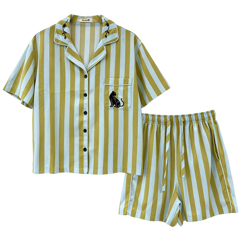 棉+莱赛尔夏季情侣睡衣套装条纹刺绣短袖短裤家居服分体式两件套