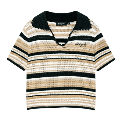 Desigual宽松航海条纹提花翻领钩针刺绣女士T恤针织衫