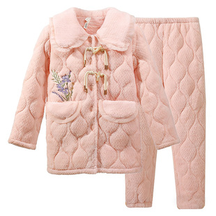 古今睡衣女款2025新款秋冬三层加厚夹绒睡衣套装保暖家居服可外穿