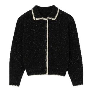 【现货】美娜杂色翻领针织开衫韩国小众lerobe撞色单排扣毛衣外套