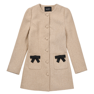 Sei Carina Y口袋蝴蝶结毛呢中长款外套修身收腰大衣秋冬新款女