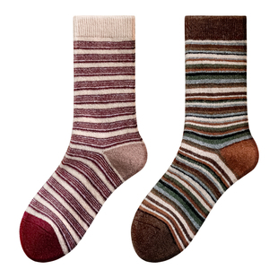 羊毛厚袜子女款秋冬季撞色横纹显瘦中筒堆堆袜ins潮复古保暖长袜