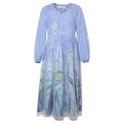 【送腰带】鸢影浮穹蓝色连衣裙2025秋季海边度假风裙子宽松长裙