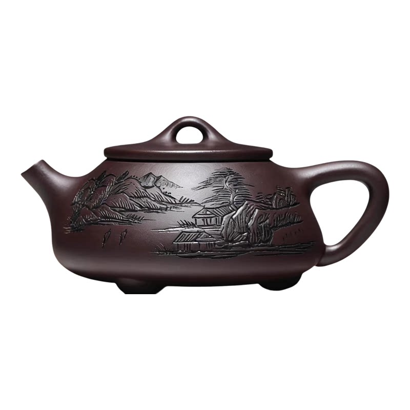 宜兴紫砂石瓢壶全手工雕刻茶壶