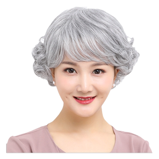 佰丝堂中老年花白假发短发女慈祥妈妈花白色老年人奶奶款短卷发