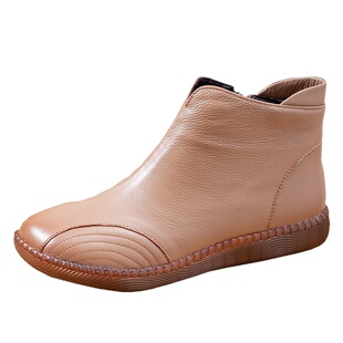 纯皮短靴女舒适牛筋底真皮平底妈妈鞋加绒保暖中老年人防滑女靴冬