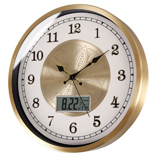 TQJ黄铜简约静音日历挂钟客厅家用温湿度星期时尚电波时钟挂墙表