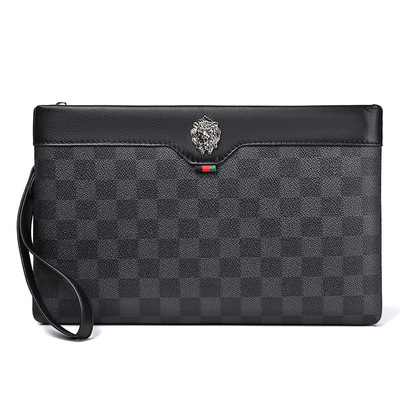 横款真皮时尚休棋盘格子男手拿包