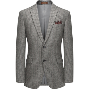 吉约蒙羊毛呢子短款大衣男灰色条纹西服高级感冬季加厚西装男外套