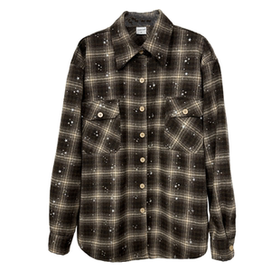 秋冬新款烫金星星羊毛呢格子衬衫衬衣女上衣外套宽松中长款厚款