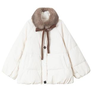 KEIKO[可卸毛领] 肌理感加厚白色羽绒服冬季静奢风白鸭绒短款外套