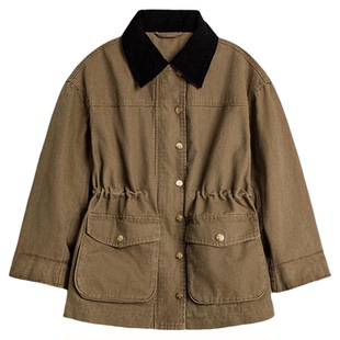 马登复古卡其撞色巴恩风翻领宽松收腰派克工装夹克外套上衣女士春