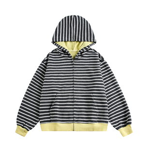 TIRED美式条纹拼接撞色开衫连帽卫衣春季情侣款宽松运动上衣外套